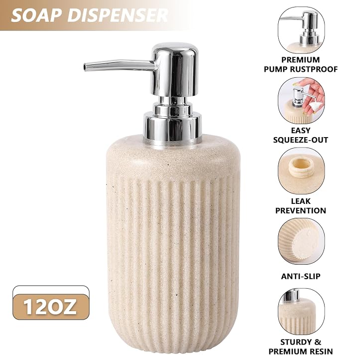 Resin Beige Bathroom Accessories Set 5 Pcs, Lotion Soap Dispenser, Toothbrush - Image 3