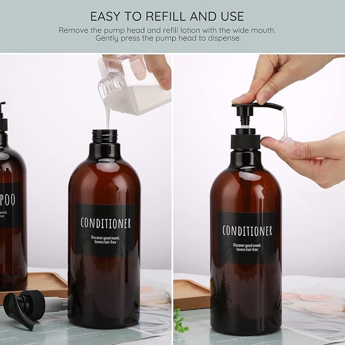 Empty Plastic Bottles with Labels, Segbeauty 33.8oz Large Brown Shampoo - Image 5