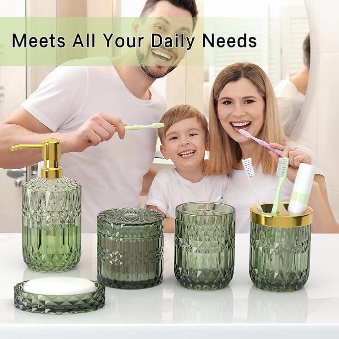 Green Glass Bathroom Accessories Set 5 Pcs, Soap Dispenser and Toothbrush - Image 2