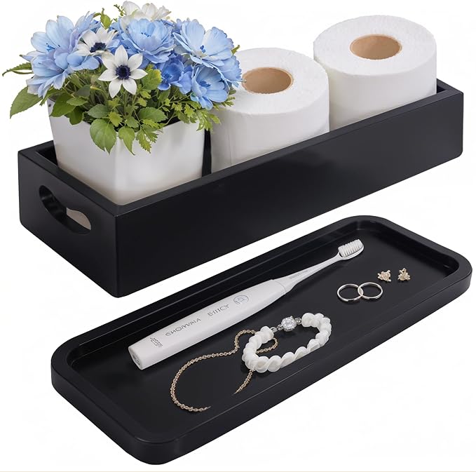 Toilet Tank Tray for Modern Black Bathroom Decor Set of 2 Acacia Toilet Tank by Demigo