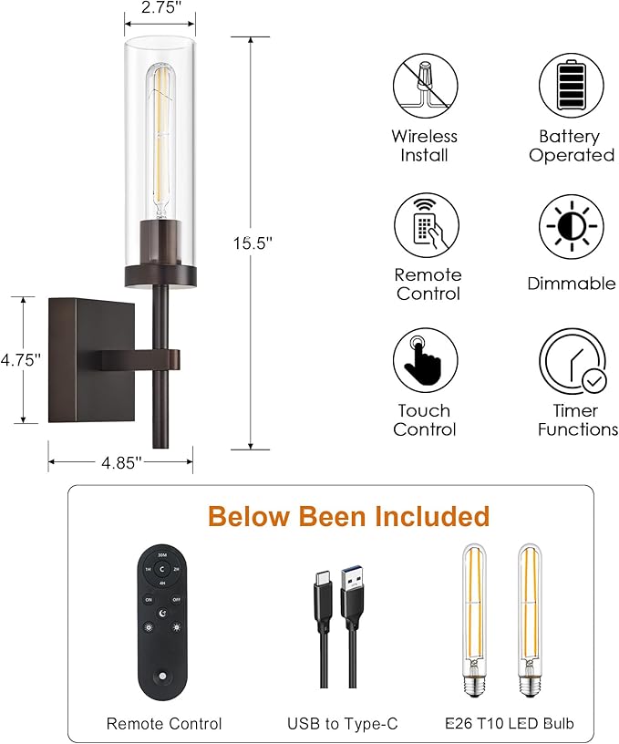 Oil Rubbed Bronze Battery Operated Wall Sconces - Image 6