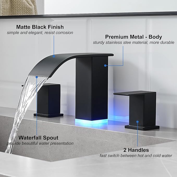 RUMOSE LED Bathroom Faucets Set Matte Black 8 inch Bathroom Sink Faucet 3 Hole - Image 2