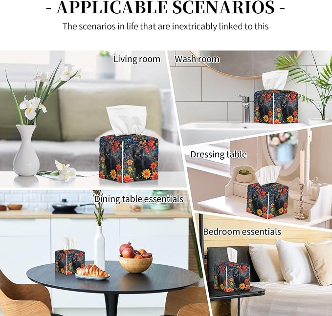 Colorful Florals Black Cat Tissue Box Cover Flower Daisy Square Leather Tissue - Image 7