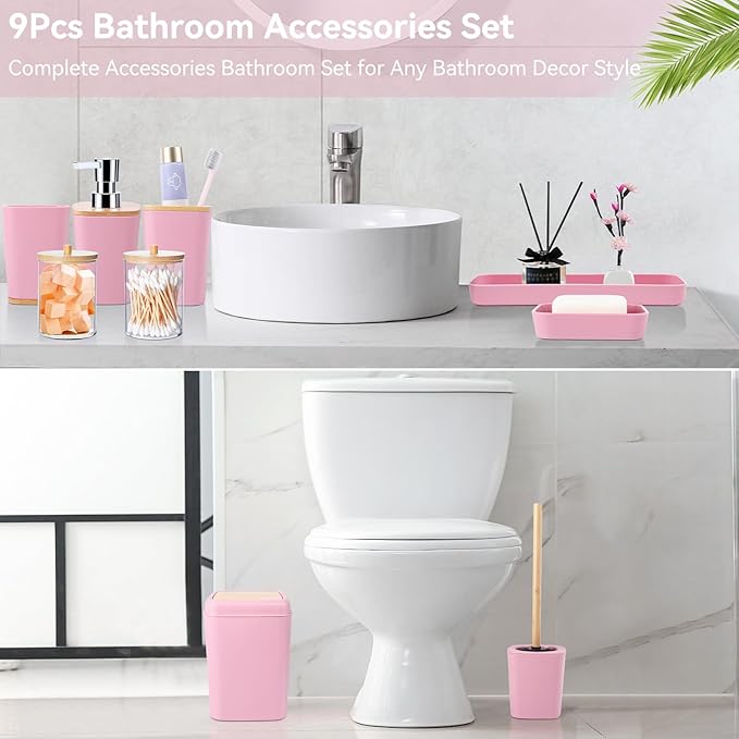 Bathroom Accessories Set, 9 Piece Pink Bathroom Decor Sets - Image 3