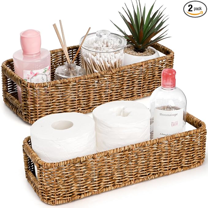 2 Pack Toilet Tank Basket, Handwoven Rectangular Wicker Shelf Baskets by AllfortheBetterLife