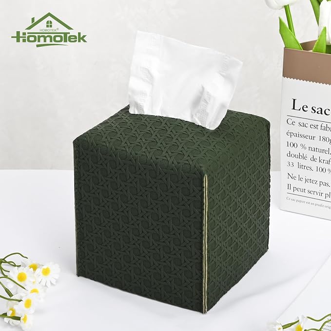 HOMOTEK 2 Pack Tissue Box Cover, Square PU Leather Tissue Holder, Decorative - Image 3