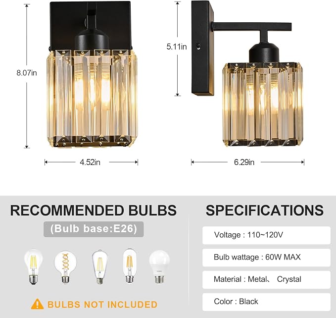 Modern Wall Sconce Set of Two Indoor Wall Lamp Black Wall Sconces Crystal Wall - Image 4
