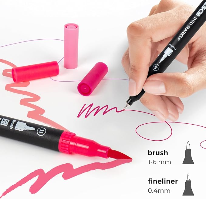 Pink Duo Tip Marker Pens, 12 Pack Fine & Brush Markers - Image 2