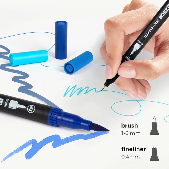 Blue Duo Tip Marker Pens, 12 Pack Fine & Brush Markers - Image 2