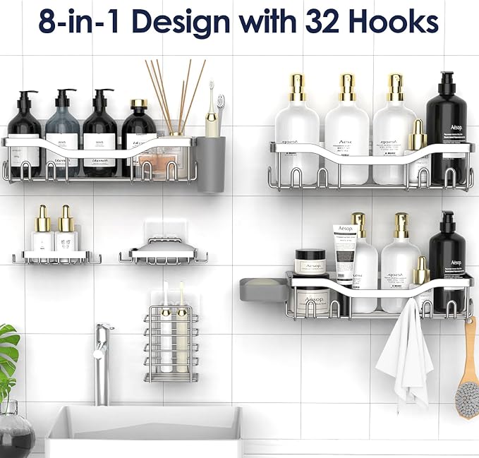 Shower Caddy Adhesive Shower Organizer 8-Pack, Rustproof Stainless Steel - Image 4