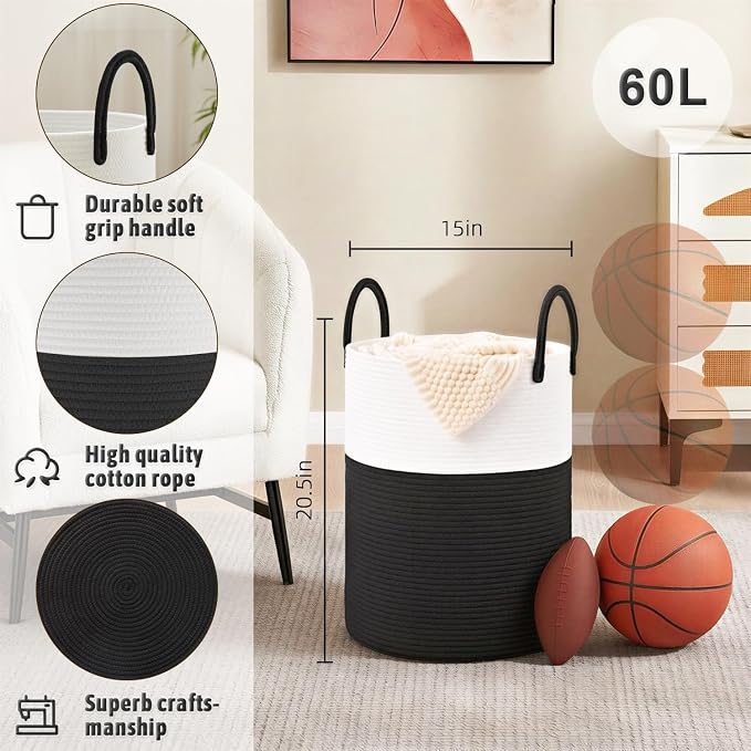 Laundry Basket, Woven Cotton Rope Laundry Hamper, 60L - Image 6