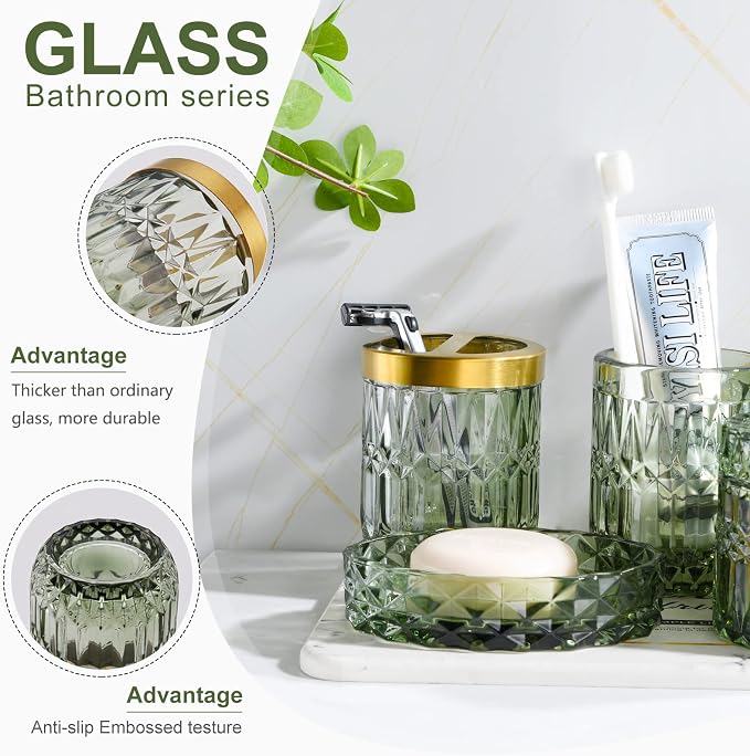 Green Bathroom Accessories Set, Soap Dispenser, Soap Dish, Toothbrush Holder Set - Image 2