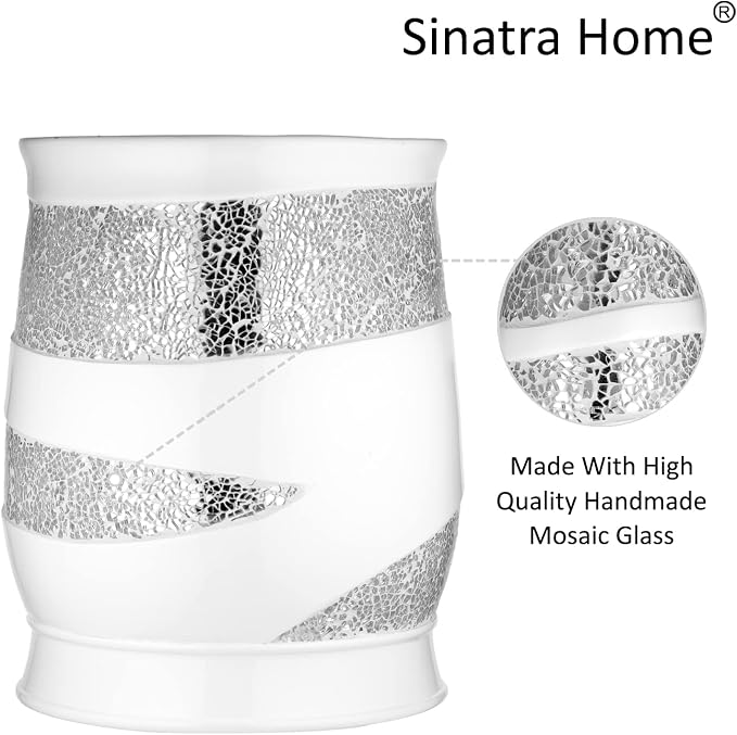Zahari Home 2pc Sinatra White Modern Bath Accessories Set Waste Basket & Tissue - Image 4