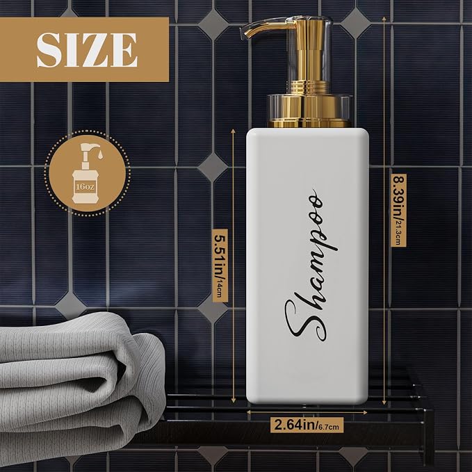 Akalin Refillable Shampoo and Conditioner Bottles, 16oz White and Gold Soap - Image 3