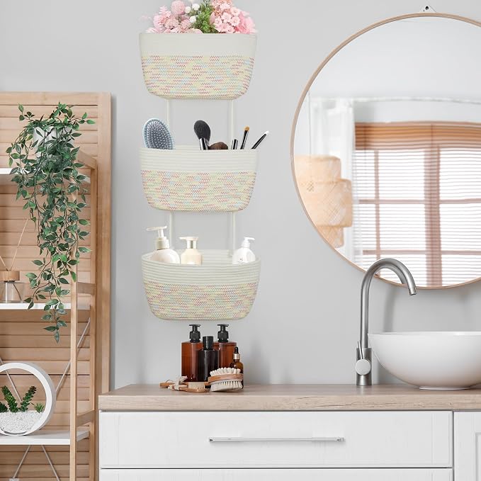 TeoKJ 3-Tier Woven Cotton Wall-Mounted Hanging Storage Baskets, Over the Door - Image 8