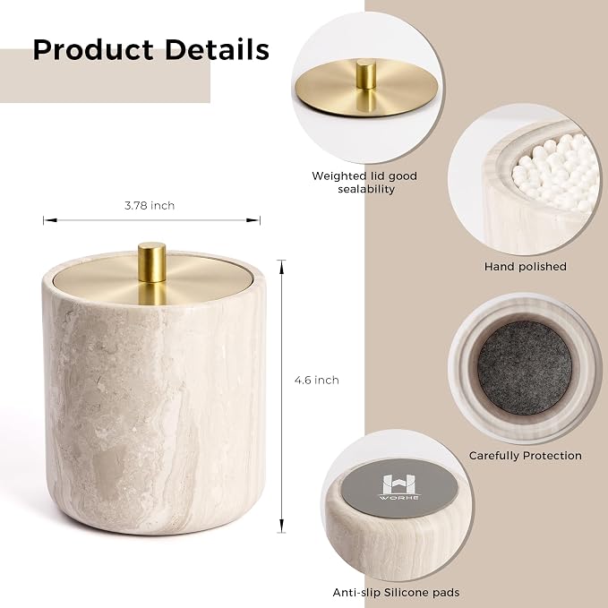 WORHE Marble Qtip Holder with Brass Lid - Image 3