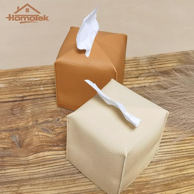 HOMOTEK 2 Pack Tissue Box Cover, Square PU Leather Tissue Holder, Decorative - Image 7