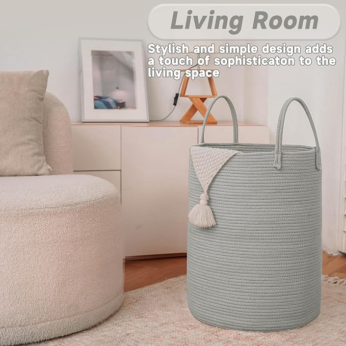 Large Woven Laundry Basket Hamper, 60L Cotton Rope Storage Bin - Image 3