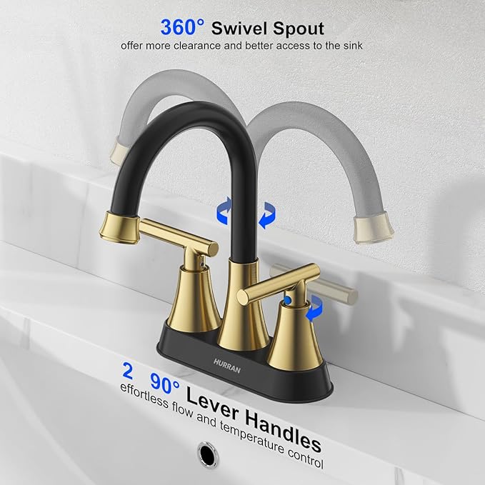 Bathroom Faucets for Sink 3 Hole, Hurran 4 inch Black and Gold Bathroom Sink - Image 4