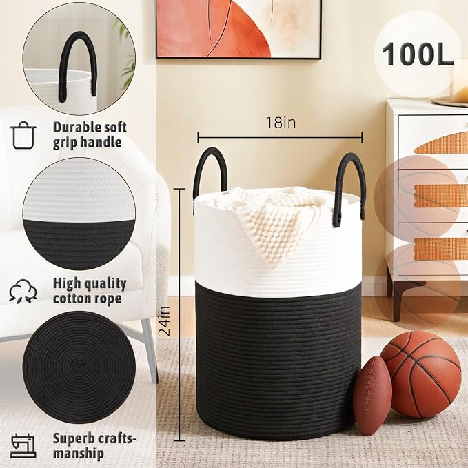 Laundry Basket, Woven Cotton Rope Laundry Hamper, 100L - Image 6