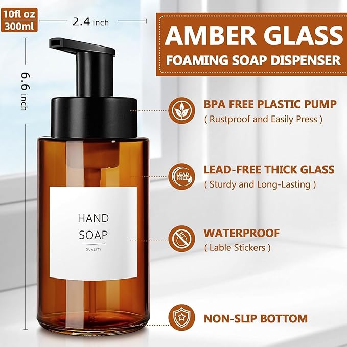 Amber Foam Soap Dispenser, 10 oz/300ml Glass Foaming Soap Dispenser, Refillable - Image 5