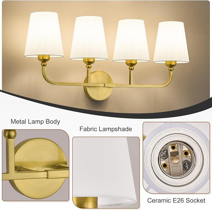Bathroom Vanity Light, Brushed Gold Bathroom Light Fixtures, 4-Light Lighting - Image 7