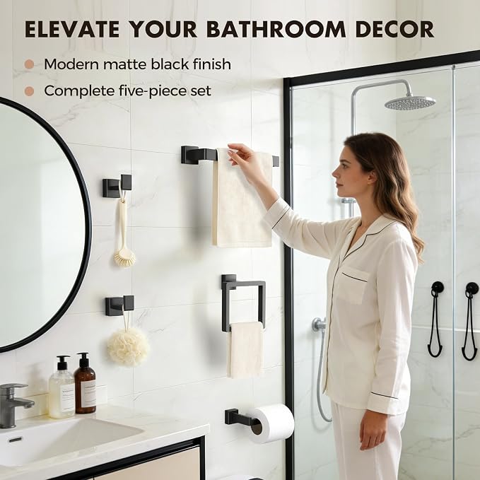Bathroom Accessories Towel Bar Set: 15 Pieces Matte Black Bathroom Hardware - Image 7