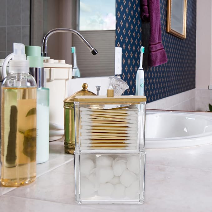 Hipiwe Clear Q-tip Dispenser Holder Acrylic Bathroom Containers 2-Tier Square - Image 6
