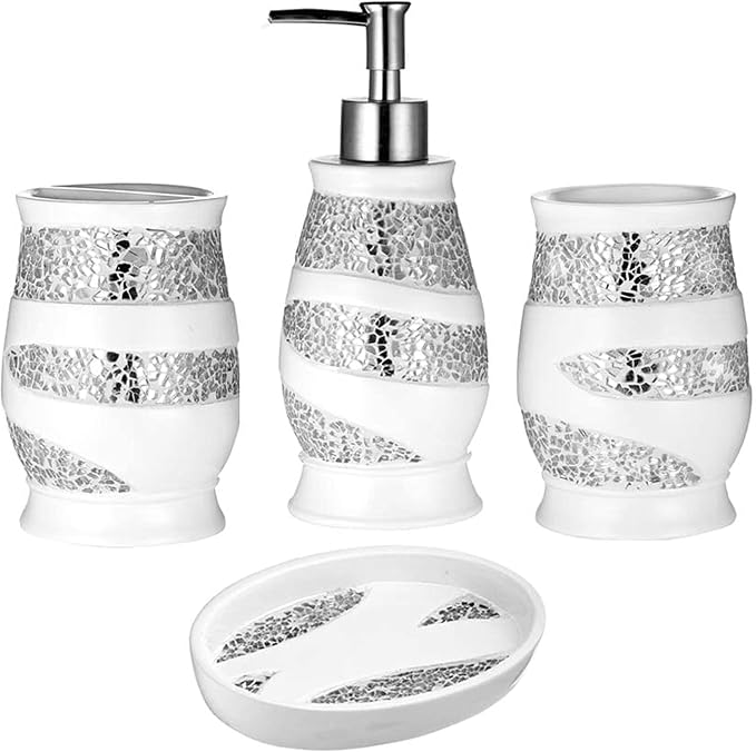 Zahari Home 4pc Sinatra Stylish Bathroom Accessories Set White Soap Dispenser by ZahariHome