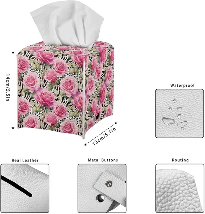 Rose Leopard Decorative Tissue Box Cover, Waterproof PU Leather Square Holder - Image 7