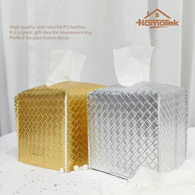HOMOTEK 2 Pack Tissue Box Cover, Square PU Leather Tissue Holder, Decorative - Image 6