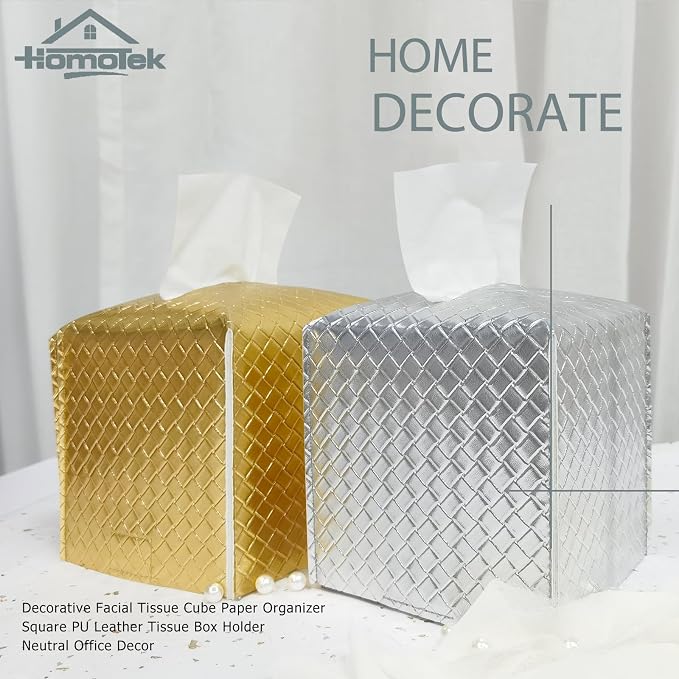 HOMOTEK 2 Pack Tissue Box Cover, Square PU Leather Tissue Holder, Decorative - Image 6
