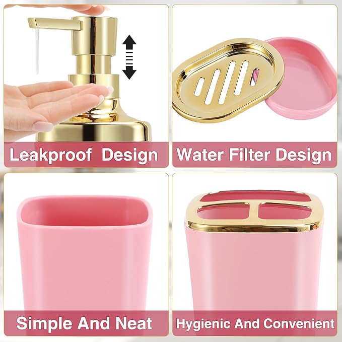Pink Bathroom Accessories Set 8 Piece Pink and Gold Bathroom Set, Bathroom Sets - Image 2