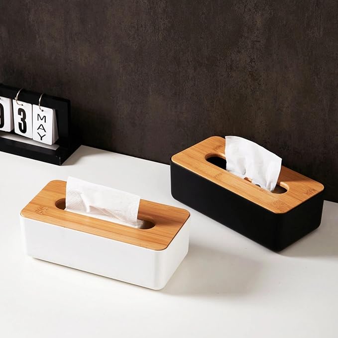 Tissue Box with Bamboo Cover, Plastic Tissue Organizer, Bathroom Tissue - Image 9