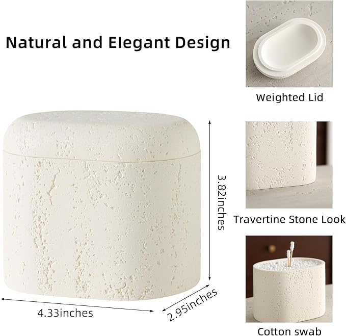 Bathroom Qtip Holder Container, Travertine Stone Look Storage Jars - Image 2