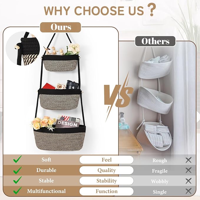 Hanging Storage Baskets, Over the Door Basket, Cotton Wall Baskets Storage - Image 9