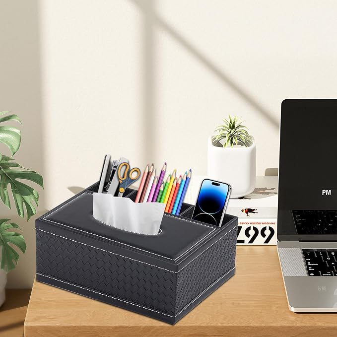 Tissue Box Cover Rectangle Black Tissue Box Holder PU Leather Facial Tissue - Image 7