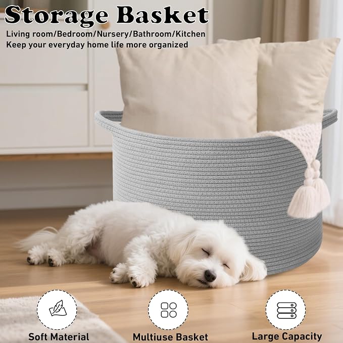 115L Large Blanket Basket, 23.6" L x 23.6" W x 15.7" H Rope Woven Baskets - Image 6