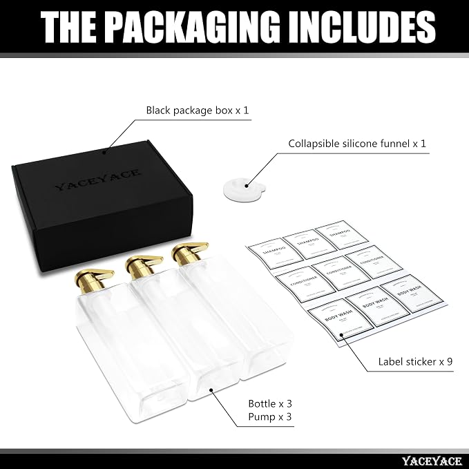 Shampoo Dispenser Bottles with Gold Pump, YACEYACE 16.9oz Set of 3 Clear - Image 6