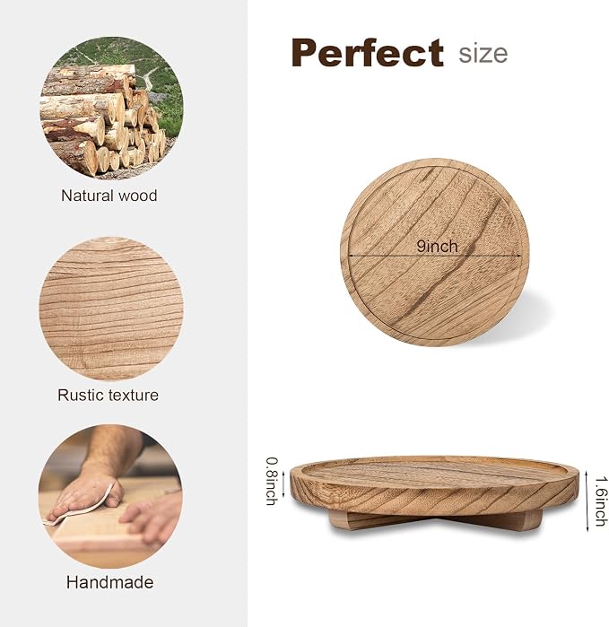 Round Decorative Tray Wood Bathroom Counter Organizer Farmhouse Kitchen Decor - Image 3