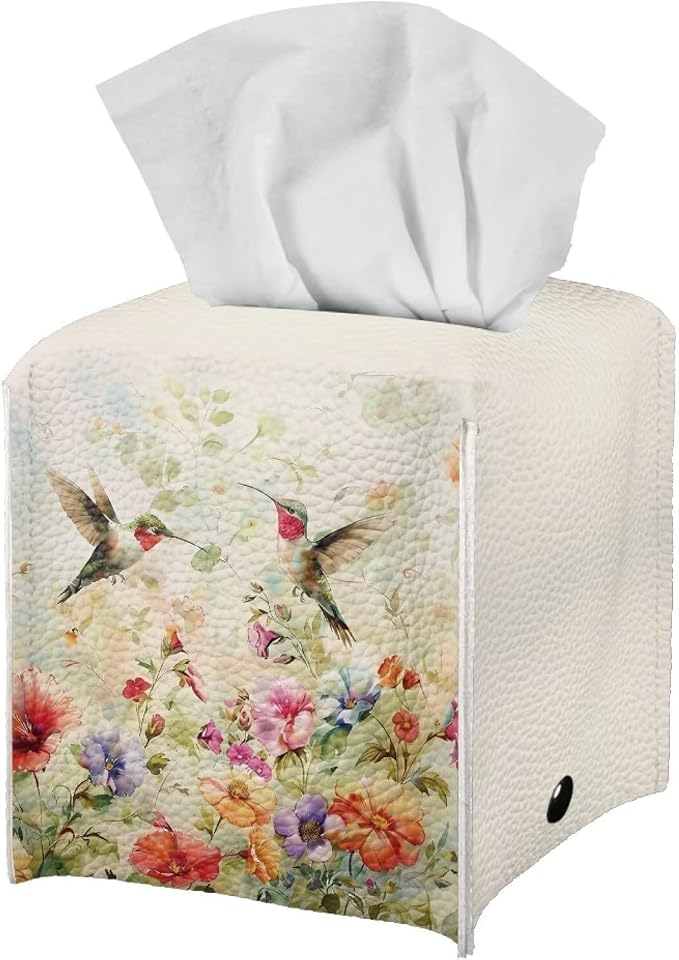 Bird Flowers Luxury Tissue Box Cover, Elegant PU Leather Square Tissue Case - Image 2