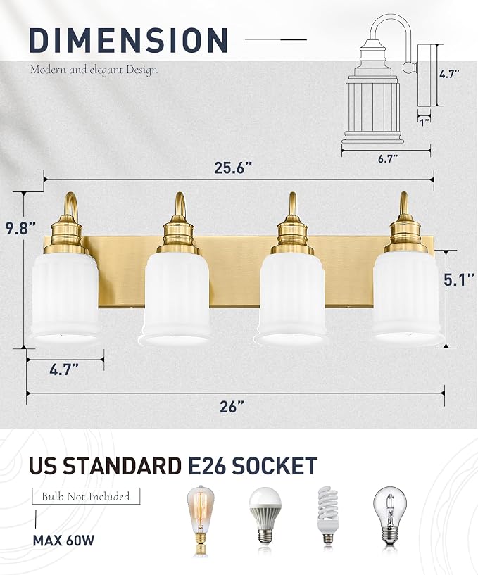 Bathroom Light Fixtures 4-Lights, HWH Brushed Gold Vanity Light Modern Bathroom - Image 3