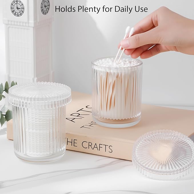 rejomiik Glass Qtip Holder Dispenser, Bathroom Canister Apothecary Jars - Image 2