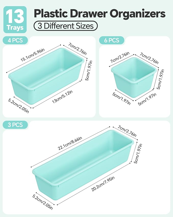 13 Pack Plastic Drawer Organizers Set, 3 Sizes Desk Drawer Organizer Trays - Image 2