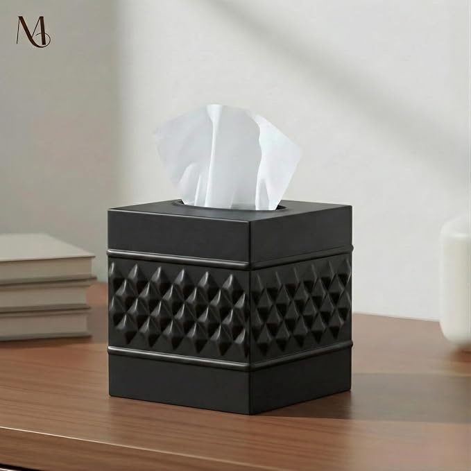 Monarch Abode Tissue Box Cover Square – Handcrafted Geo Embossed Black Metal - Image 2