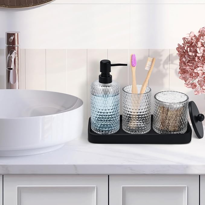 Bathroom Accessory Set, Toothbrush Holder, Qtip Holder Dispenser & Resin Vanity - Image 2