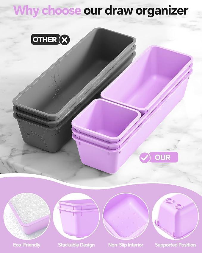 13 Pack Plastic Drawer Organizers Set, 3 Sizes Desk Drawer Organizer Trays - Image 3