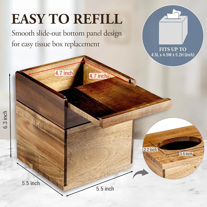 MyGift Premium Dual Tone Solid Acacia Wood Square Bathroom Facial Tissue Box - Image 2