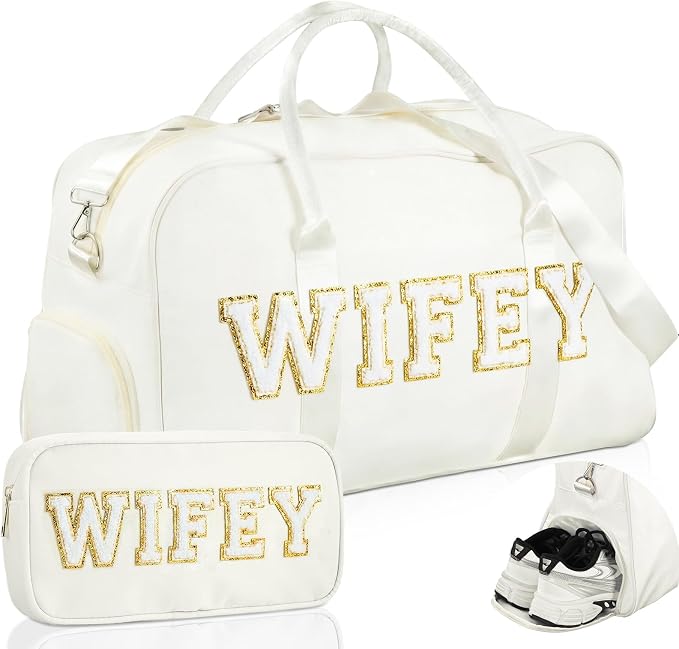 2 Pcs Wedding Weekender Bag Bride Groom Duffle Bag Chenille Letter Patch Travel by Bulyoou