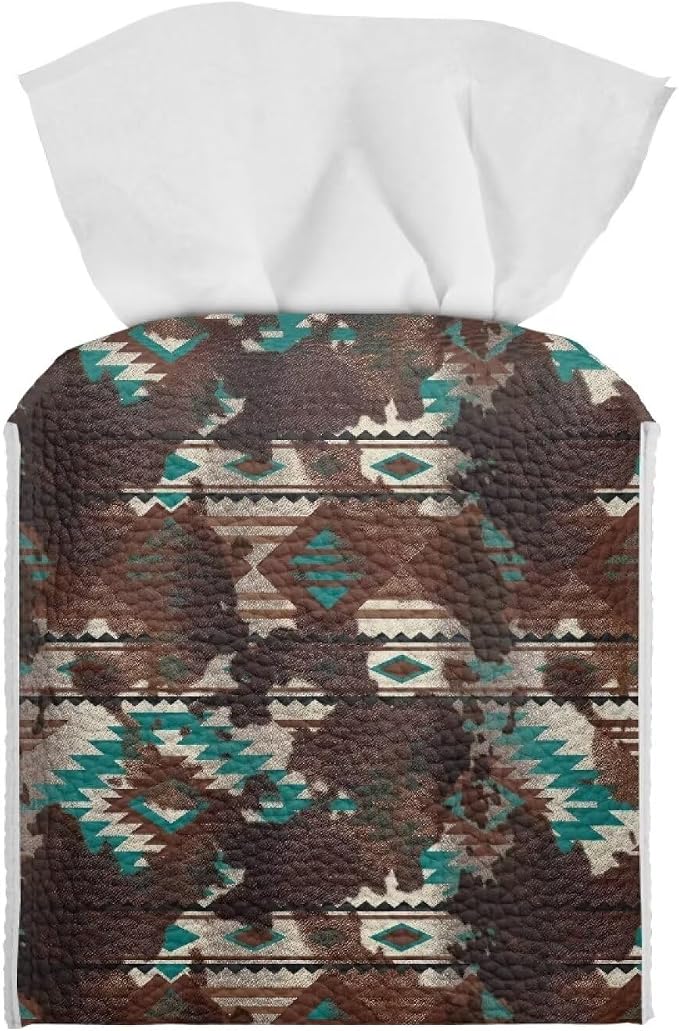 Aztec Cowhide Minimalist Tissue Box Holder, Square PU Leather Napkin Organizer by Pzuqiu